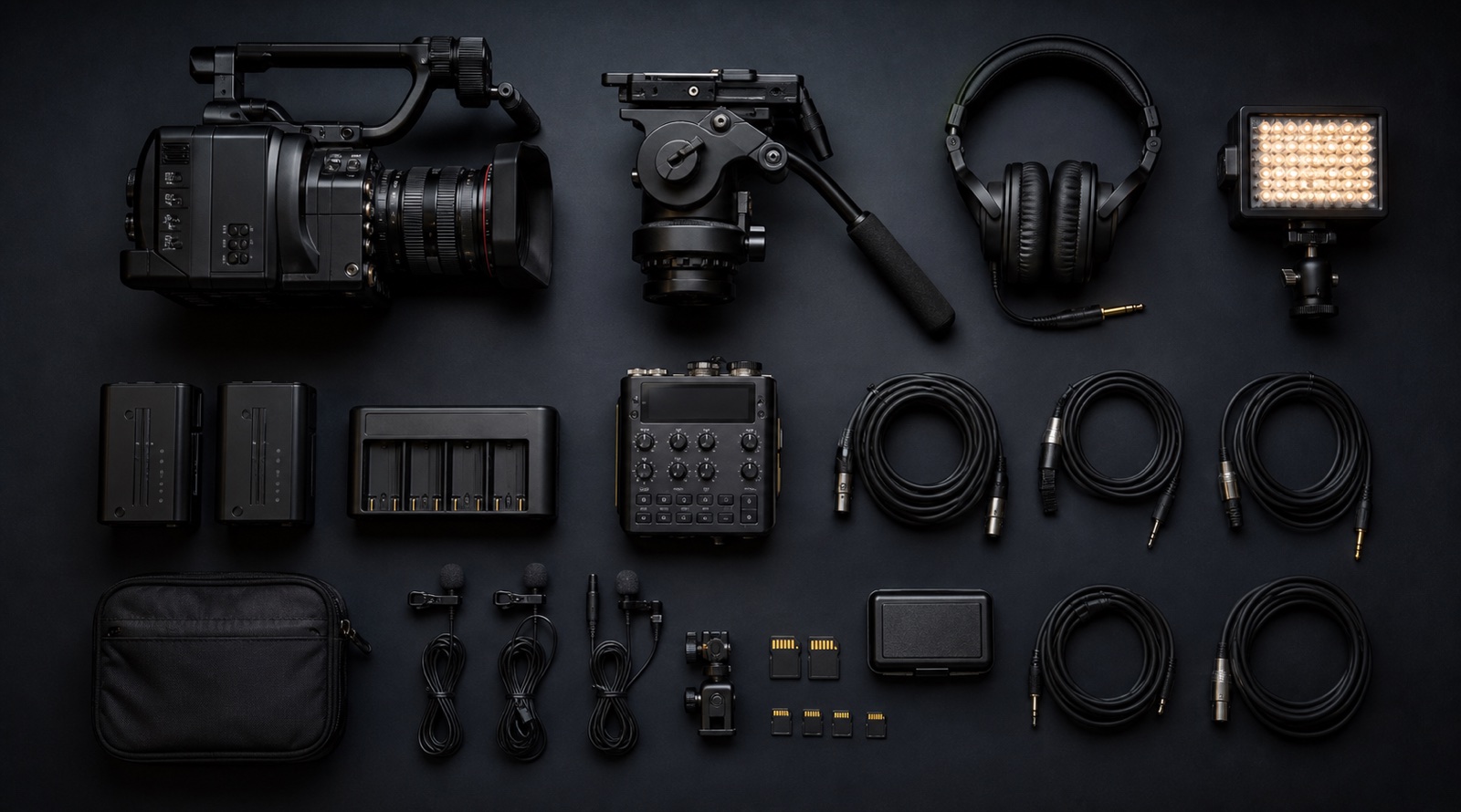 A carefully arranged legal videography kit with camera, audio recorder, microphones, lighting, cables, and storage media