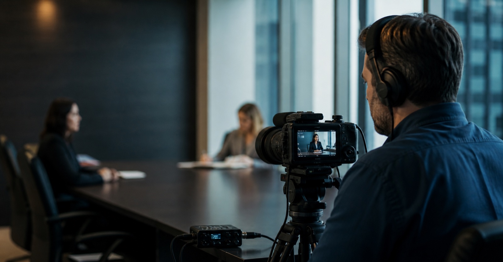 A legal videographer operating a professional camera during a deposition