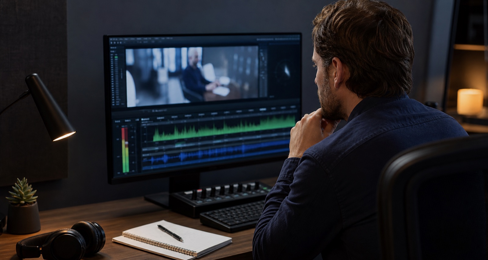 A legal videographer reviewing recorded footage and audio waveforms at a workstation