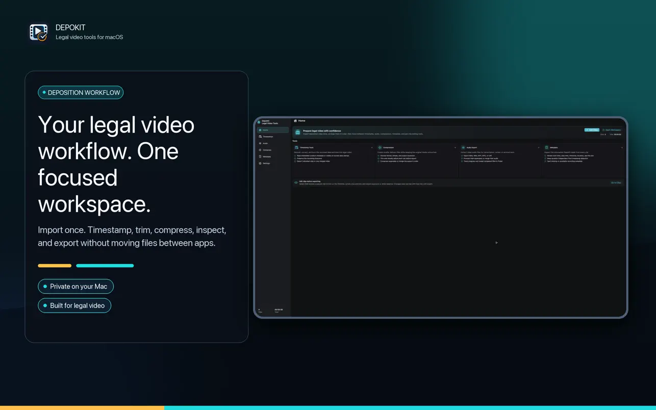 DepoKit legal video workspace showing its clip preparation tools